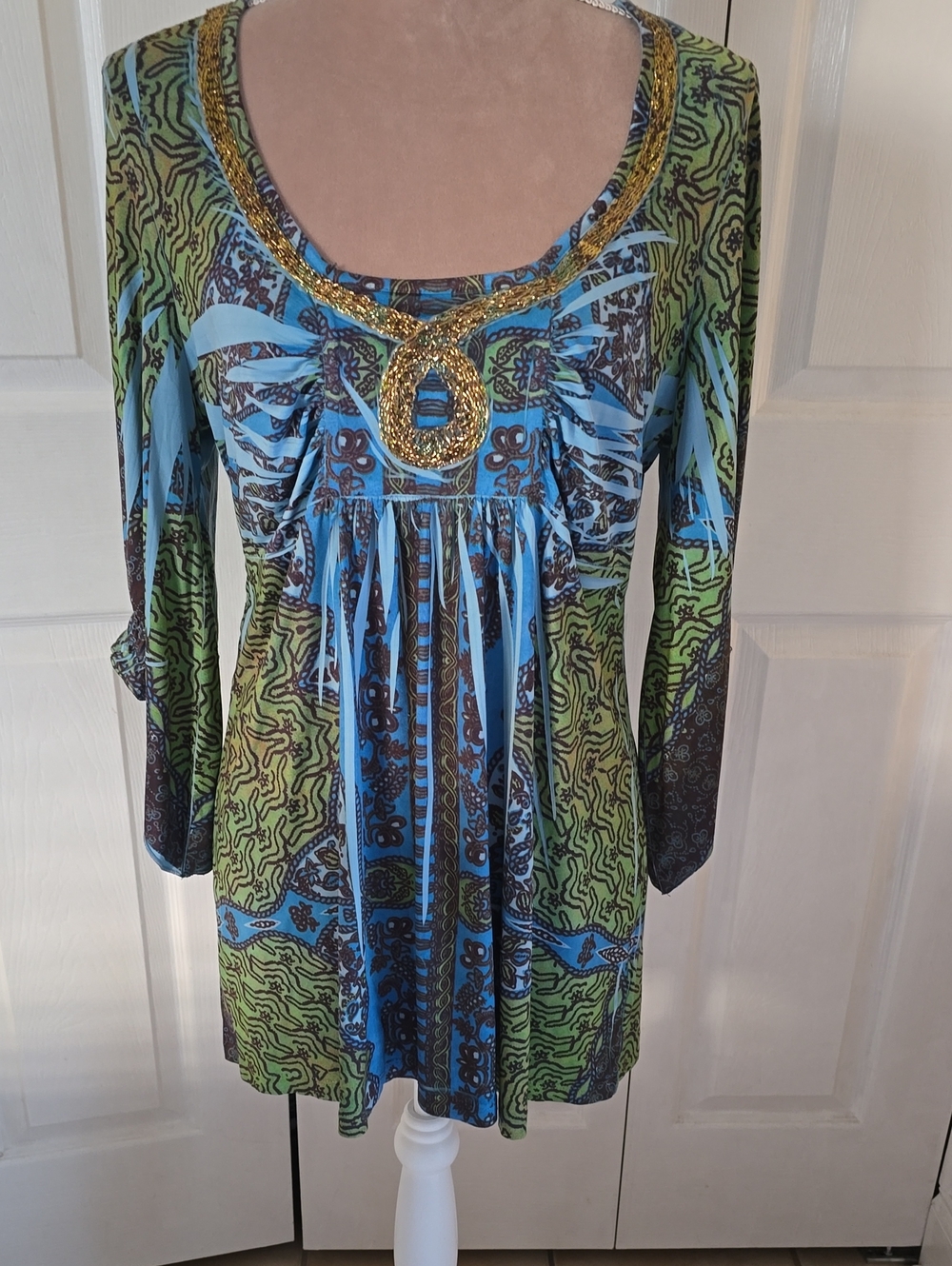 ONE WORLD Blue & Green Printed Scoop Neck Tunic with Gold Beaded Detail Size L